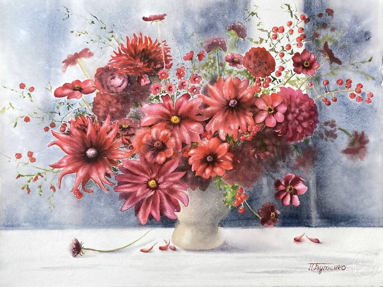 Original Floral Painting by Natalia Butenko | Realism Art on Paper | A Bouquet of red flowers, original watercolour