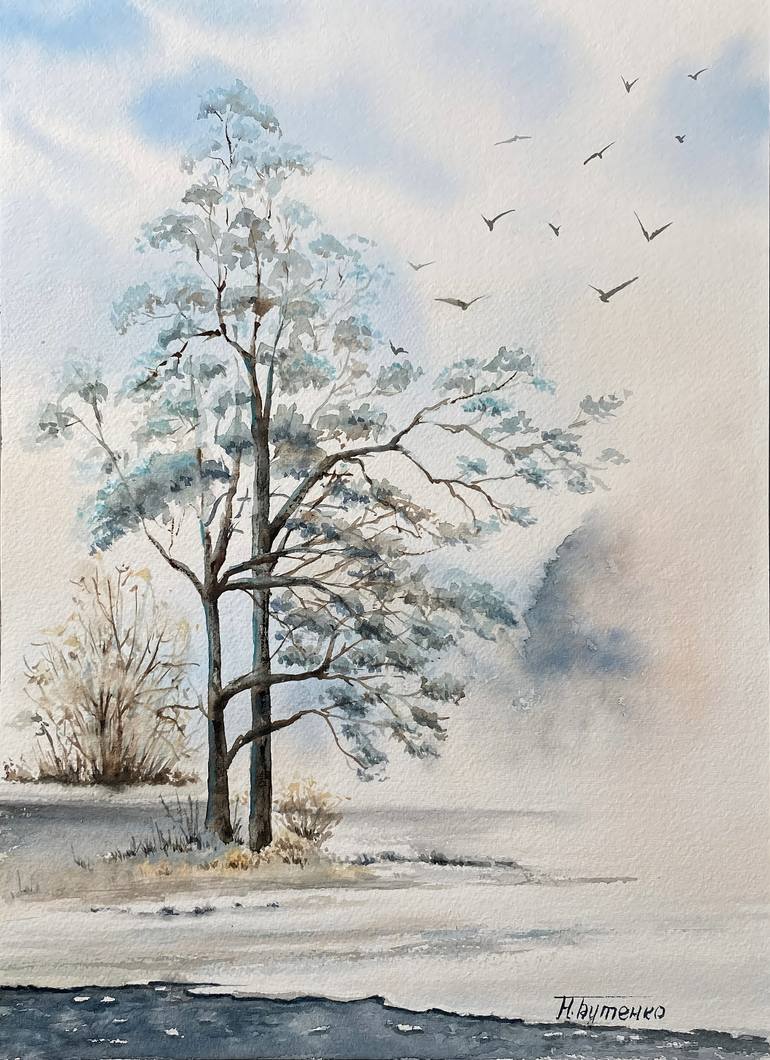 Original Landscape Painting by Natalia Butenko  Illustration Art on Paper  Foggy morning original watercolour painting