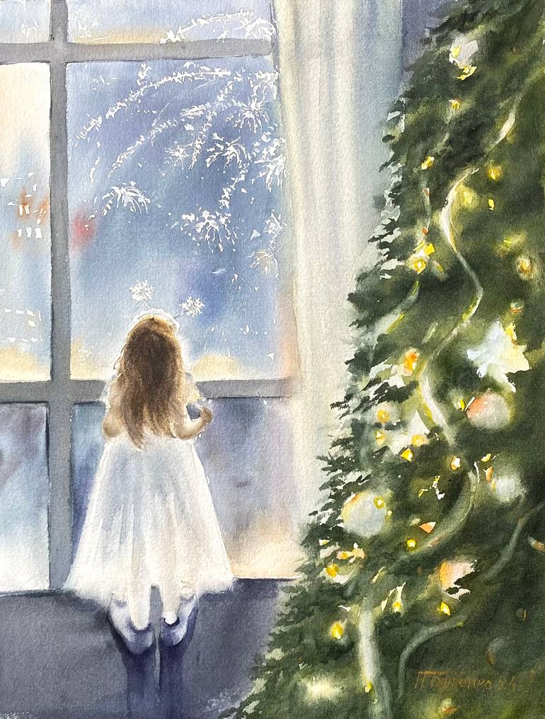 Original Christmas Painting by Natalia Butenko  Illustration Art on Paper  Waiting for a miracle original watercolour painting
