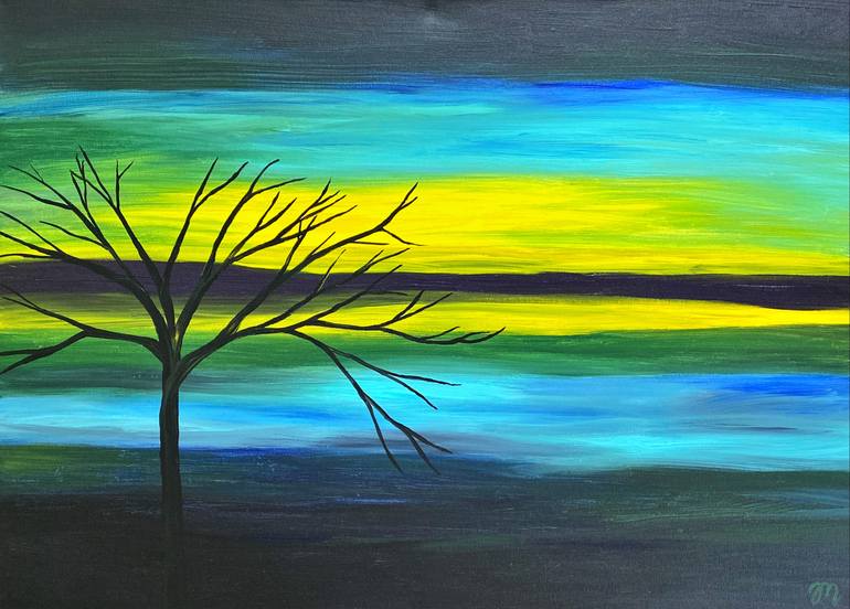 Original Landscape Painting by Magdolna Juhasz | Contemporary Art on Canvas | Twilight at the Lake