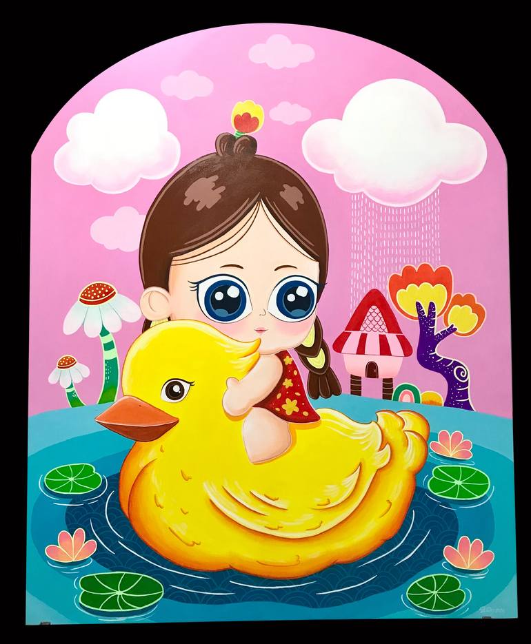 Original Cartoon Painting by Monthira Khonthiang | Contemporary Art on Canvas | little girl in the countryside 1