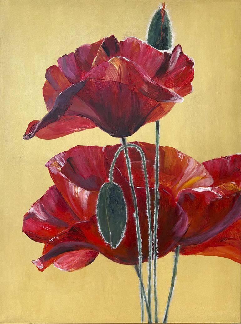 Original Floral Painting by Mira Solea | Contemporary Art on Canvas | Red poppy flowers on gold background