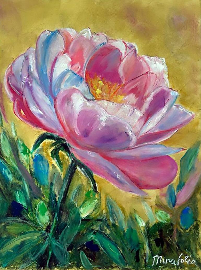 Original Floral Painting by Mira Solea | Expressionism Art on Paper | Pink and Purple Peony on Gold
