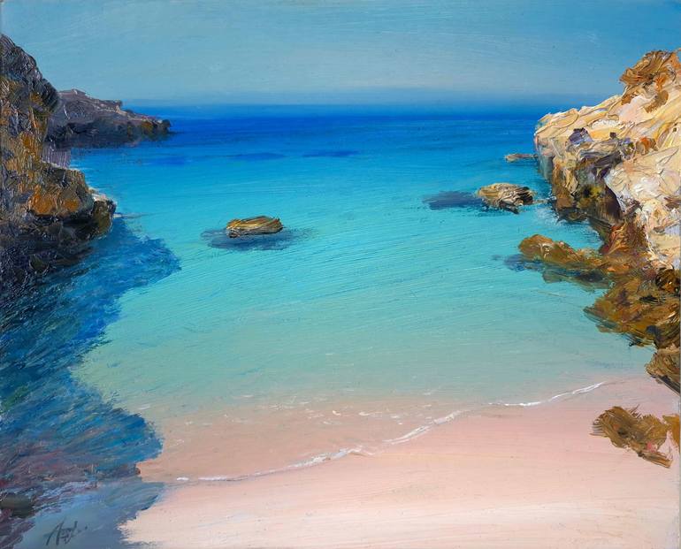 Tranquil Beach with Crystal Blue Sea and Rocky Shores Painting by Artem ...