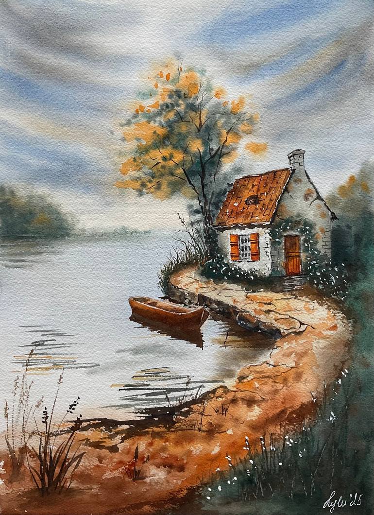 Original Boat Painting by Natalya Gulina | Expressionism Art on Paper | House on the lake