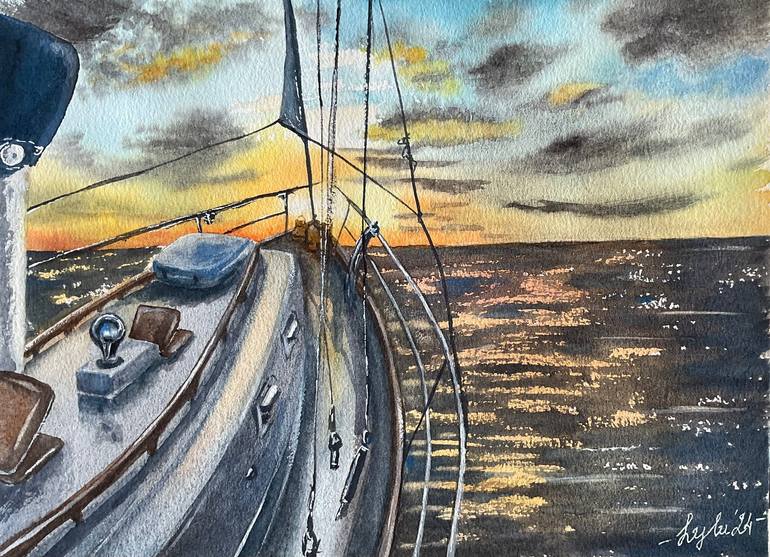Original Seascape Painting by Natalya Gulina | Impressionism Art on Paper | Sail into the Sunset