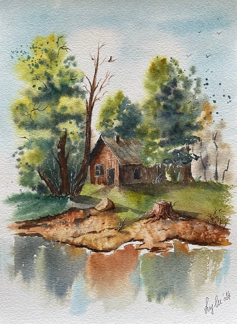 Original Landscape Painting by Natalya Gulina | Impressionism Art on Paper | Where the House Meets the Water