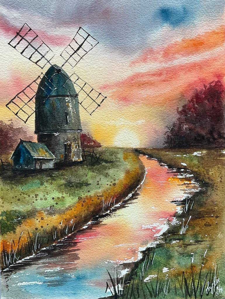 Original Landscape Painting by Natalya Gulina | Impressionism Art on Paper | Sunset by the Old Windmill