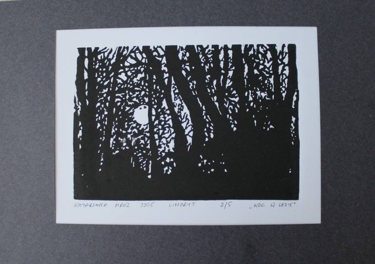 Original Landscape Printmaking by Katarzyna Mroz | Realism Art on Paper | Night in the forest