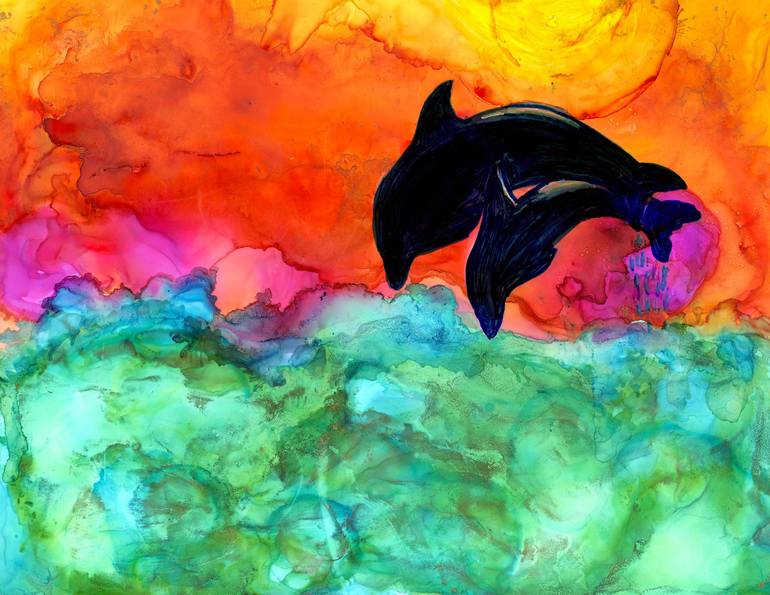Original Seascape Mixed Media by Kizzie Suriel | Abstract Art on Fine Art Paper | Dolphins Leaping in the Sunset