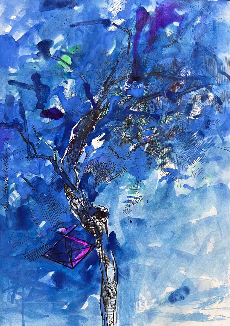 Original Abstract Painting by Kazi Hasibul Ahshan | Abstract Expressionism Art on Paper | The Blue Tree and the Omen of a Thirsting Kite
