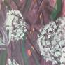 Hues of purple green orange and white.