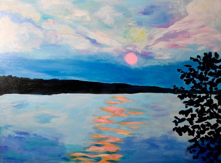 Original Landscape Painting by Judy Dimentberg | Contemporary Art on Canvas | Sunset on the Bell River