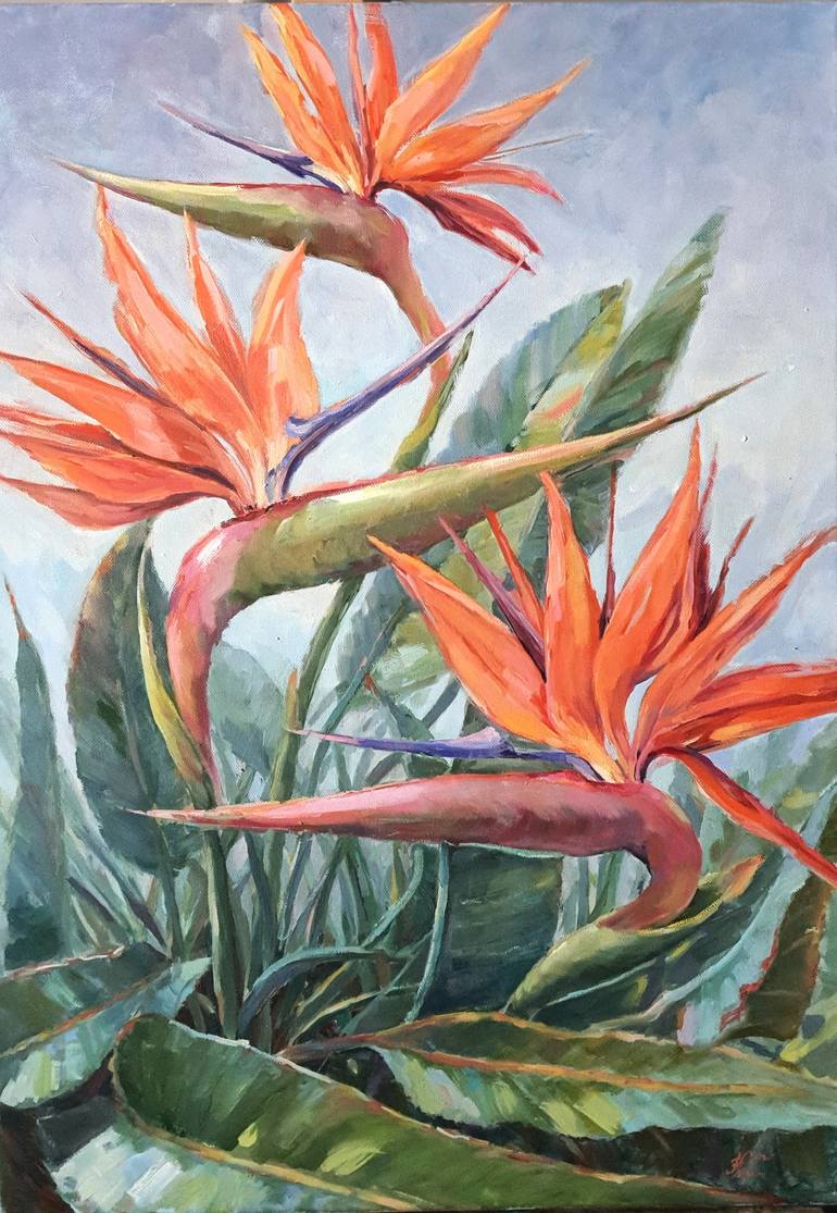 Original Botanic Painting by Tatiana Kyriakidou | Impressionism Art on Canvas | Birds of Paradise