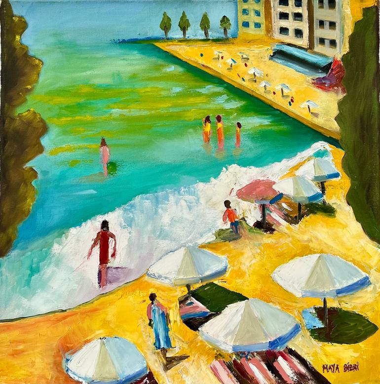 Original Beach Painting by Maya Bizri | Figurative Art on Canvas | Seafoam and Striped Towels (sea umbrellas Mediterranean summer)