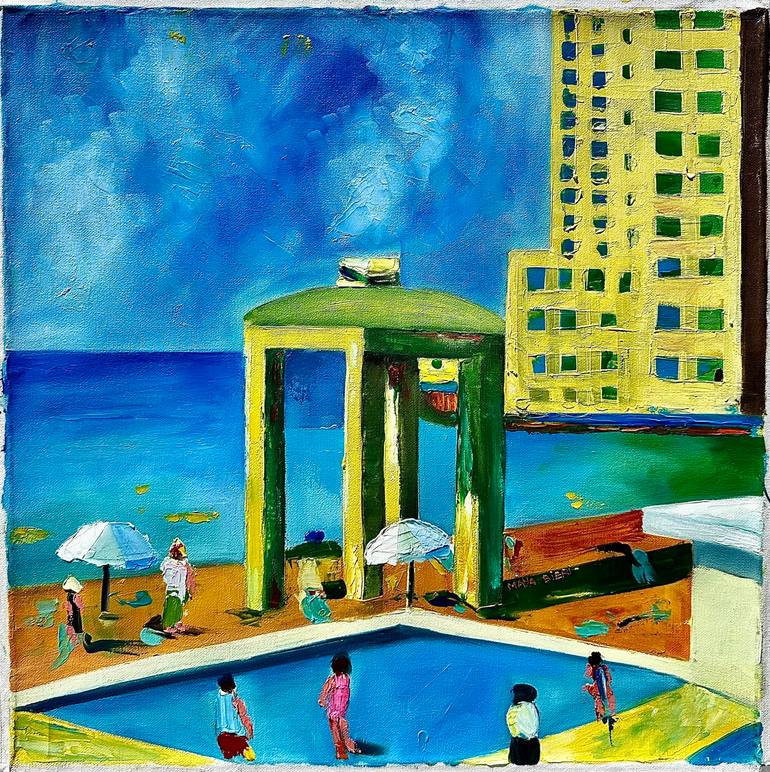 Original Beach Painting by Maya Bizri | Expressionism Art on Canvas | Columns and Chlorine (Mediterranean Summer)