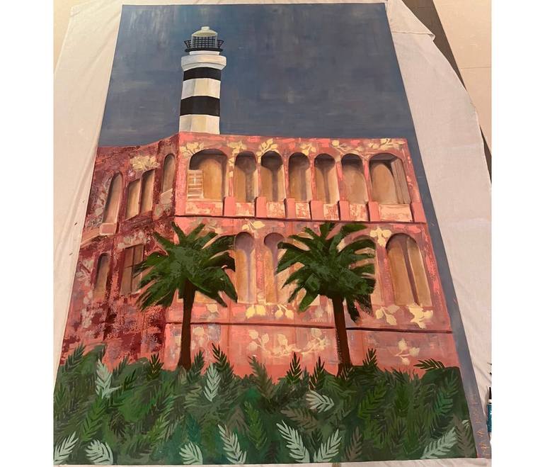 Original Architecture Painting by Maya Bizri | Impressionism Art on Canvas | Pink House and the Old Lighthouse (Mediterranean)