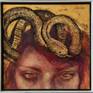 This is a self portrait done in oil paints, enamels, and antique metallic pigment from my collection on panel in a vintage black lacquer and silver leaf wood frame.

Its the first in a series about the female experience in regards to Western art and Christianity.  The woman and the serpent.

*The vintage frame does show a little wear, I filled in tiny holes where there was previously a title plaque on frame. Please see 3rd photo.