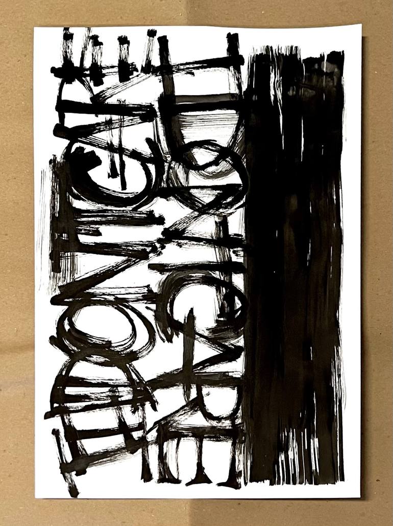 Original Calligraphy Drawing by Joana Ramalho | Black & White Art on Paper | I don't care