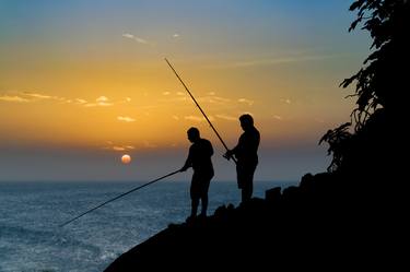 Two Men Fishing at Shore thumb