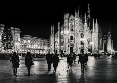 Black and White Duomo Piazza Night Scene, Milan City, Italy thumb