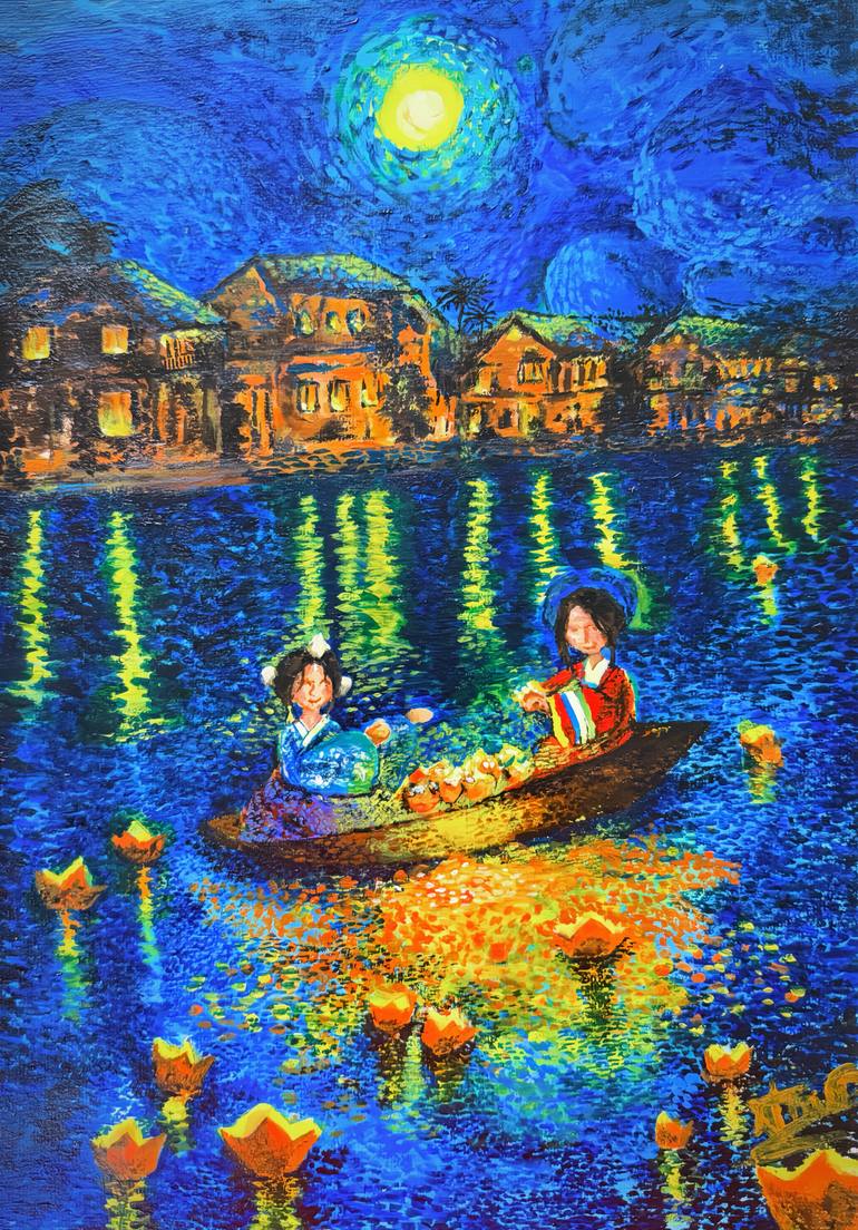 Original Other Painting by Vietinio Ng | Post-impressionism Art on Paper | NIGHT OF THE FLOATING LANTERNS