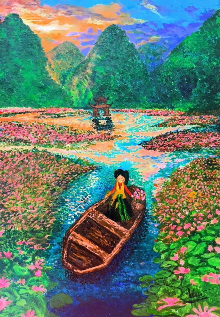 Original Other Painting by Vietinio Ng | Impressionism Art on Paper | SUNSET ON THE LOTUS WAVES