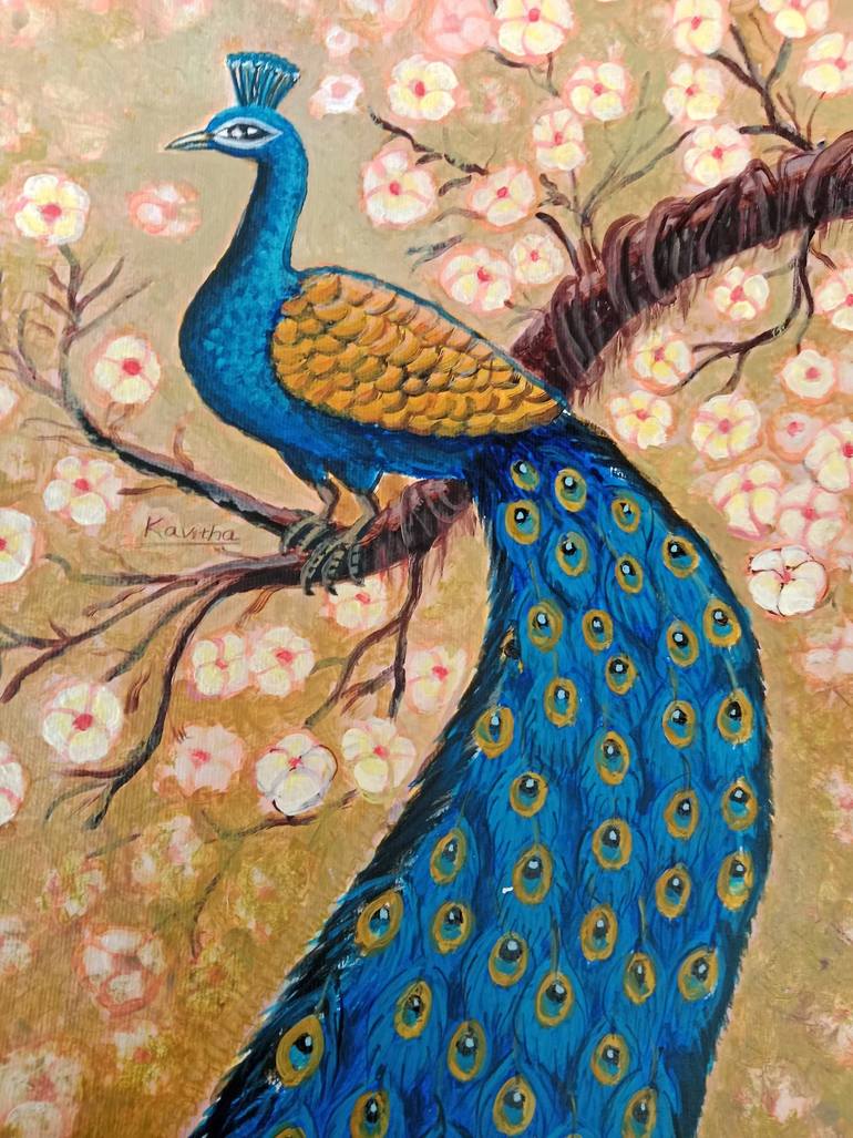 ★Original ART  ‘Peacock’ Art Nouveau Peacock: Elegant Bird in Ornate Frame Stock