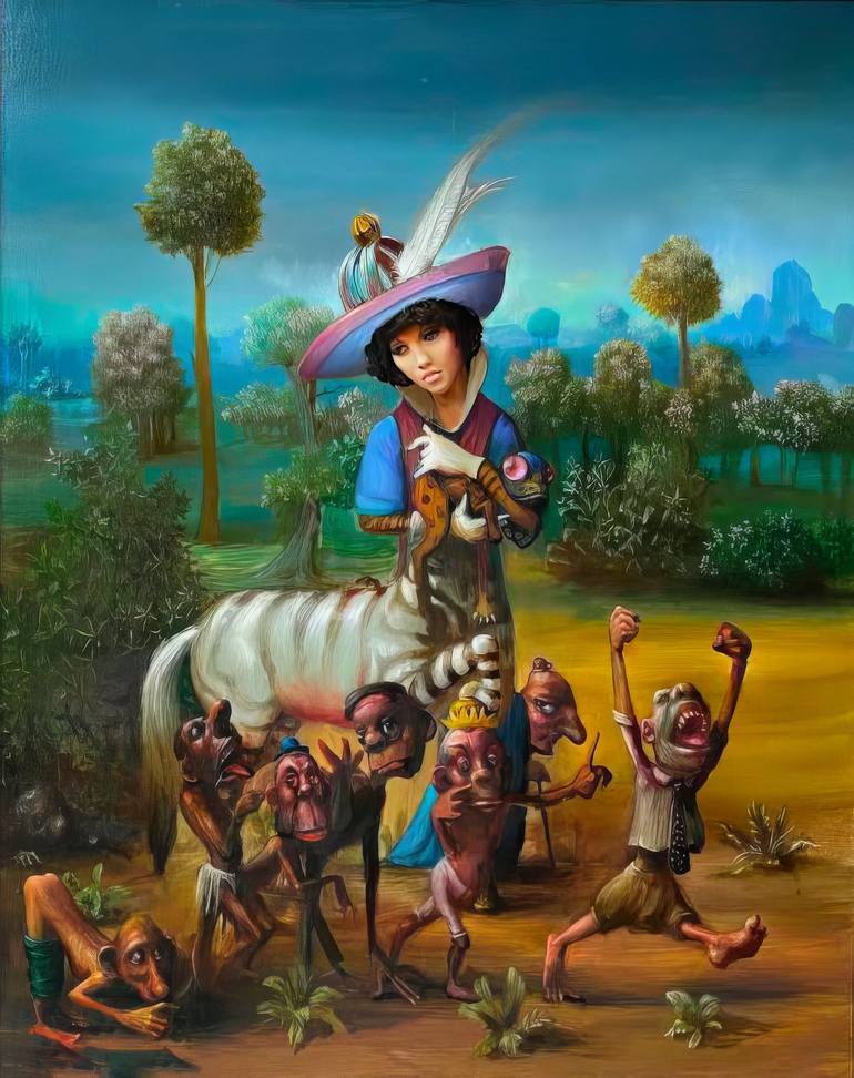 Original People Painting by Yerkezhan Kamentayeva | Surrealism Art on Canvas | Somber Woman with Whimsical Hat