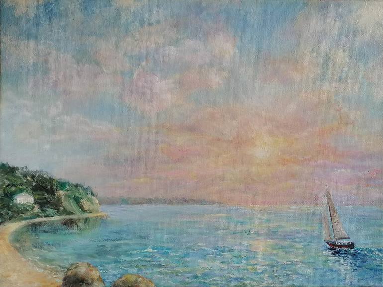 Original Seascape Painting by Arti Pasiero | Classicism Art on Canvas | Sailboat to rising sun. Sunrise landscape