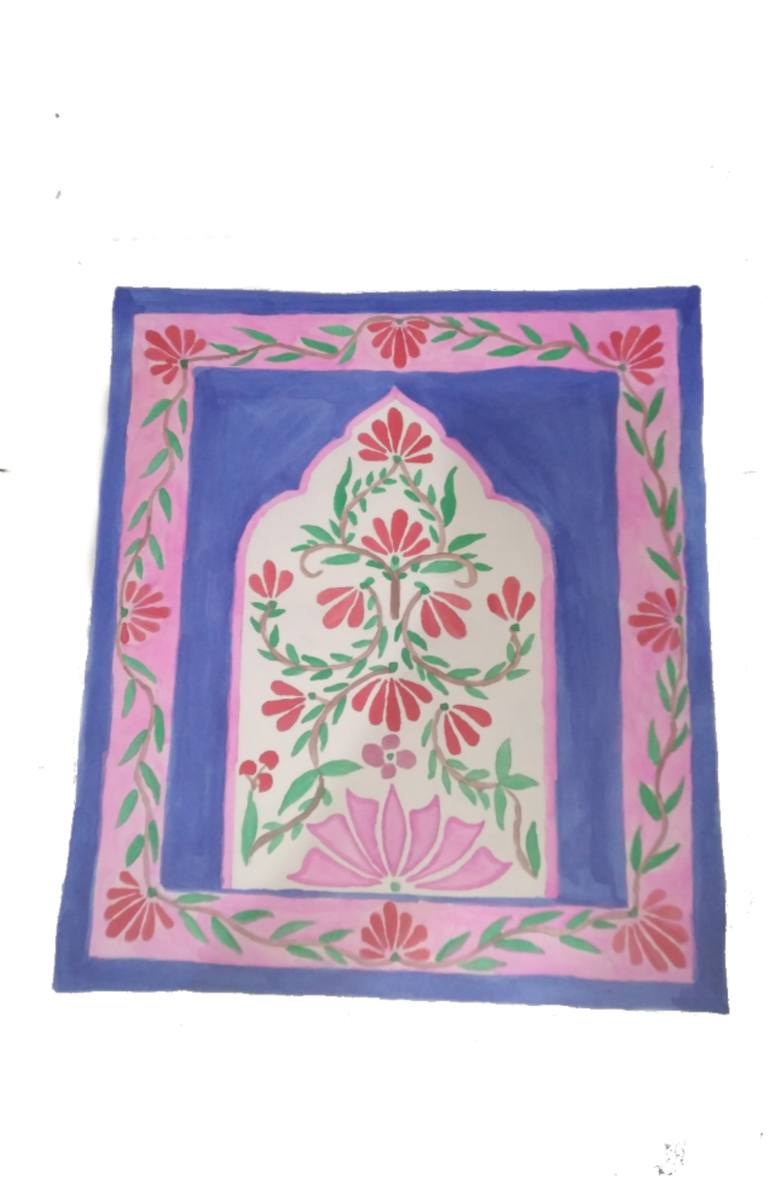 Original Floral Drawing by Mansi Jain | Mural Art on Paper | Pink & Blue Floral Jali Design