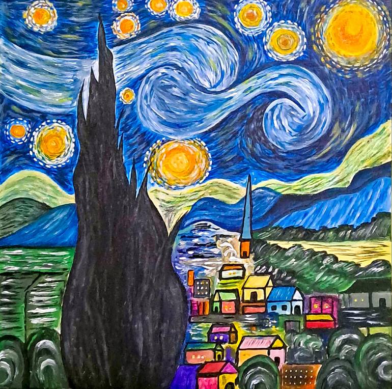 Original Landscape Painting by The Artistic Skill | Impressionism Art on Canvas | "Starry Night" Inspired Acrylic Painting on Canvas, Blue Swirls
