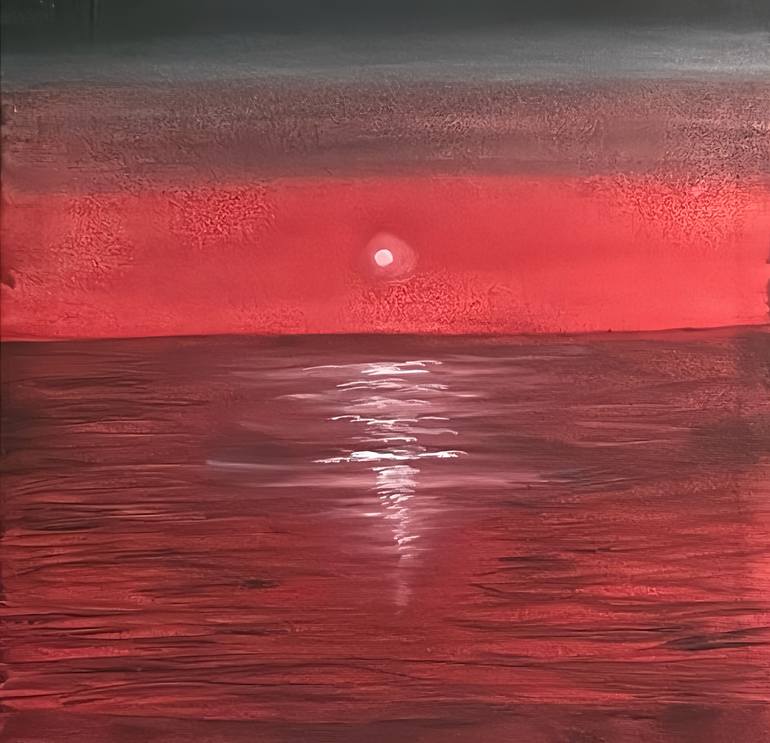 Original Seascape Painting by The Artistic Skill | Minimalism Art on Canvas | Minimalist red sunset over calm ocean waters