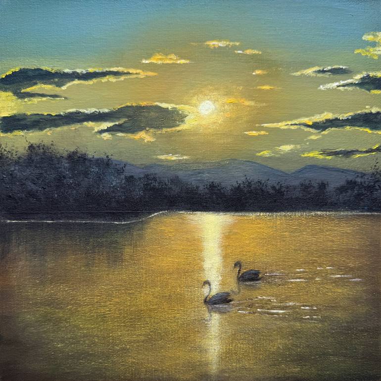 Original Landscape Painting by Svitlana Romanova | Impressionism Art on Canvas | Night over the lake