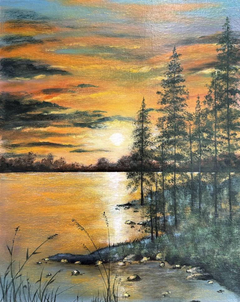 Original Landscape Painting by Svitlana Romanova | Impressionism Art on Canvas | Sunset over the lake