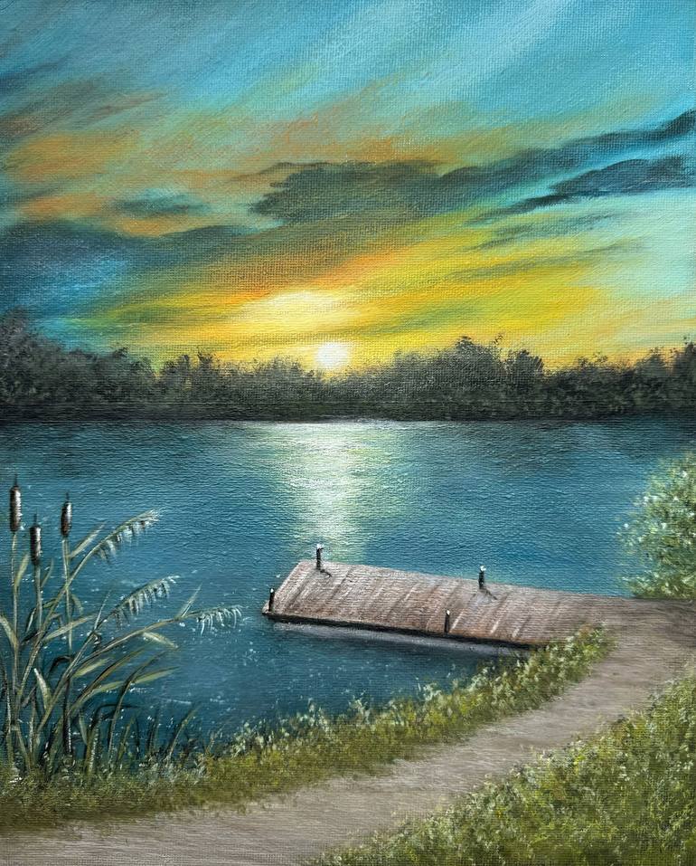 Original Landscape Painting by Svitlana Romanova | Contemporary Art on Canvas | Sunrise over the lake