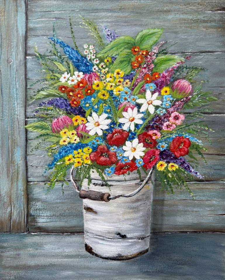 A bucket of flowers Painting by Svitlana Romanova | Saatchi Art