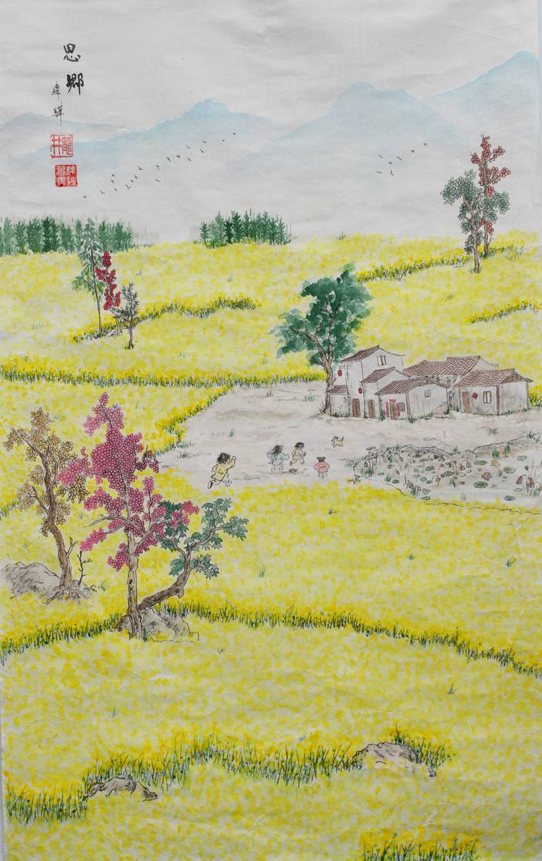 Original Holiday Painting by Wei Hua Hsu | Art Deco Art on Paper | Golden Whispers of the Homeland: A Journey into Nostalgia