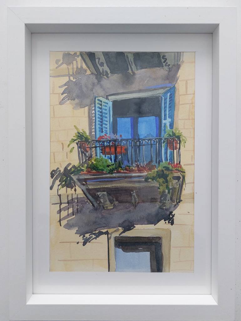Original Architecture Painting by Form And Color Association | Realism Art on Paper | Blue Balcony Light