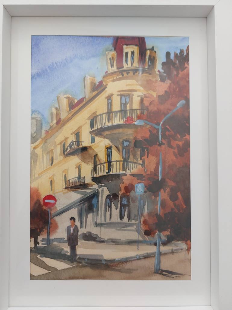 Original Architecture Painting by Form And Color Association | Realism Art on Paper | Sunlit Corner in Paris