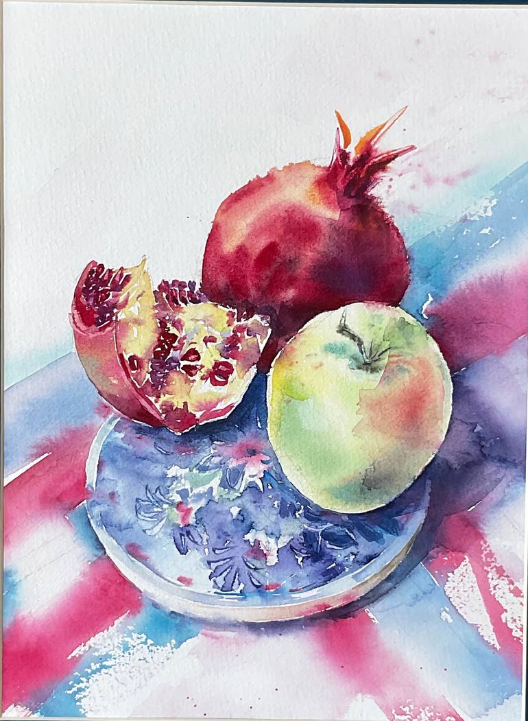 Original Food & Drink Painting by Silviia Chmykhova | Impressionism Art on Paper | Pomegranates and green apple