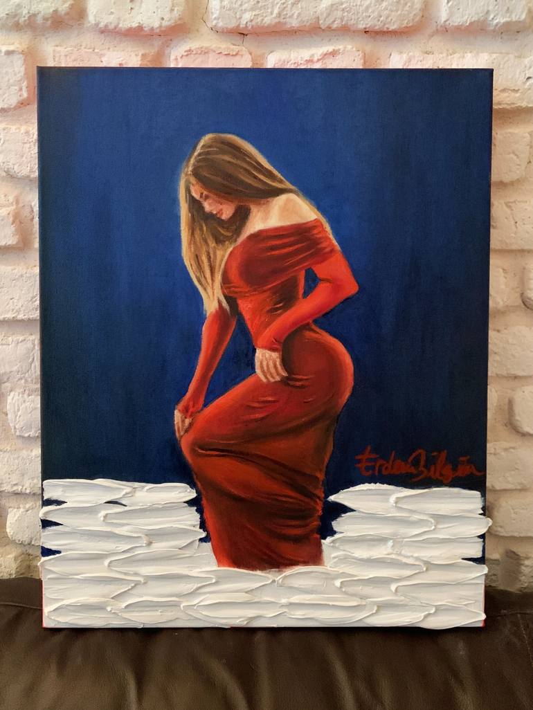 knee length dresses for ladies Elegant Lady in Red Dress Oil Painting main image 1