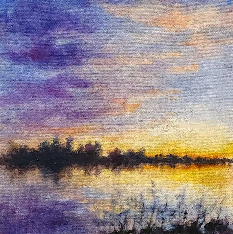 Original Landscape Painting by Elena Gaevskaya | Impressionism Art on Canvas | Sunset on the lake