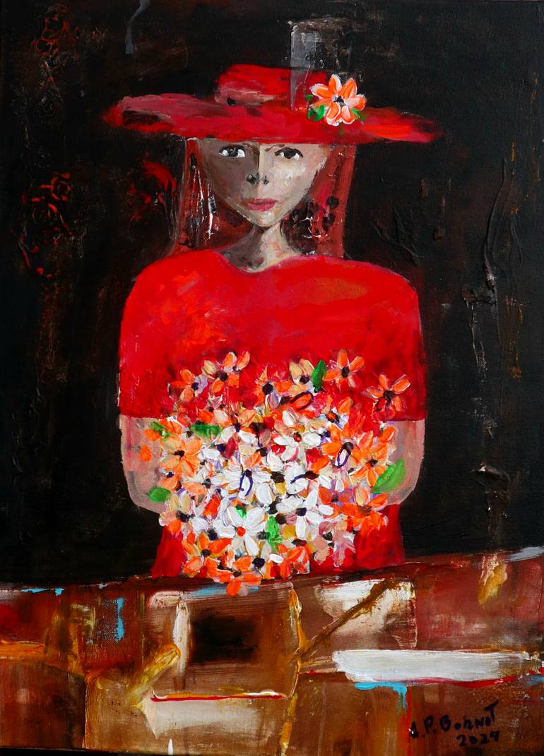 Original People Painting by Antonio Perez Bornot | Figurative Art on Canvas | Woman with hat