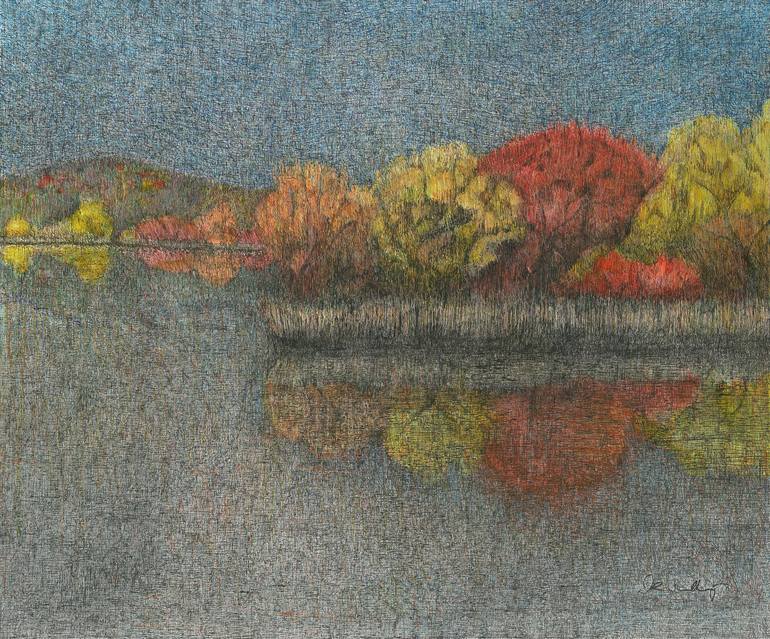 Original Landscape Drawing by Doug Woolley | Expressionism Art on Paper | Autumn on the Lake