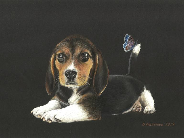Original Dogs Drawing by Olia Aver | Realism Art on Paper | Little beagle and a blue butterfly