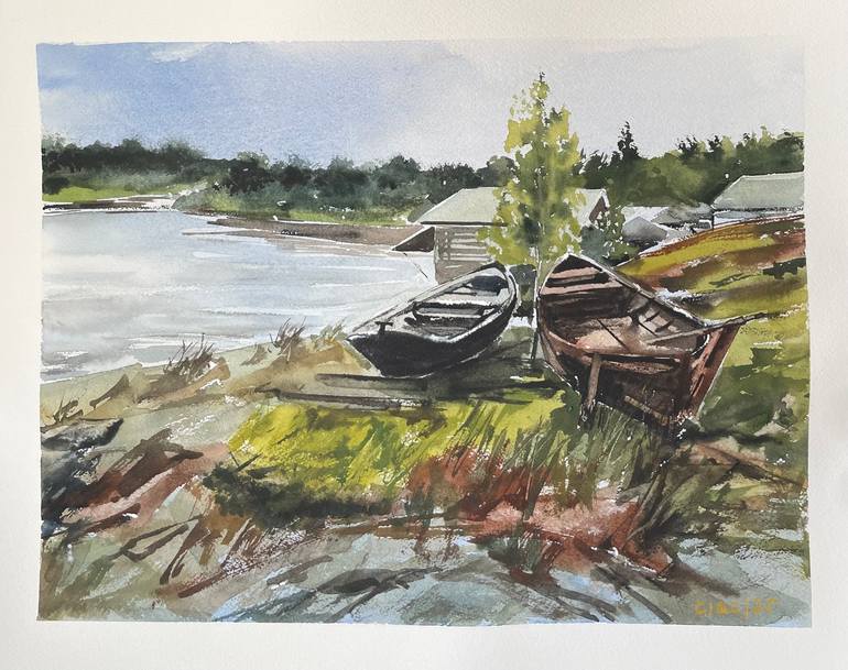 Original Boat Painting by Cecilia Ines Quijano Camara | Illustration Art on Paper | By the Quiet Lake