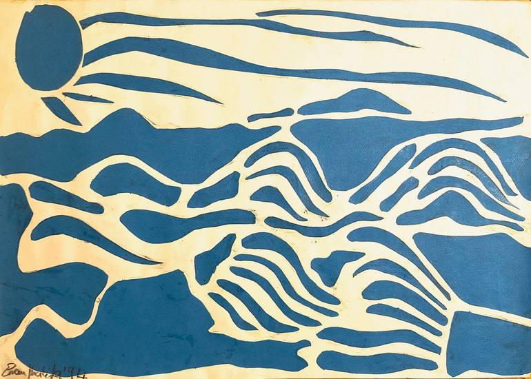 Original Seascape Collage by Eman Khalifa | Contemporary Art on Fine Art Paper | Blue Airwaves | (flowing waves & sun)