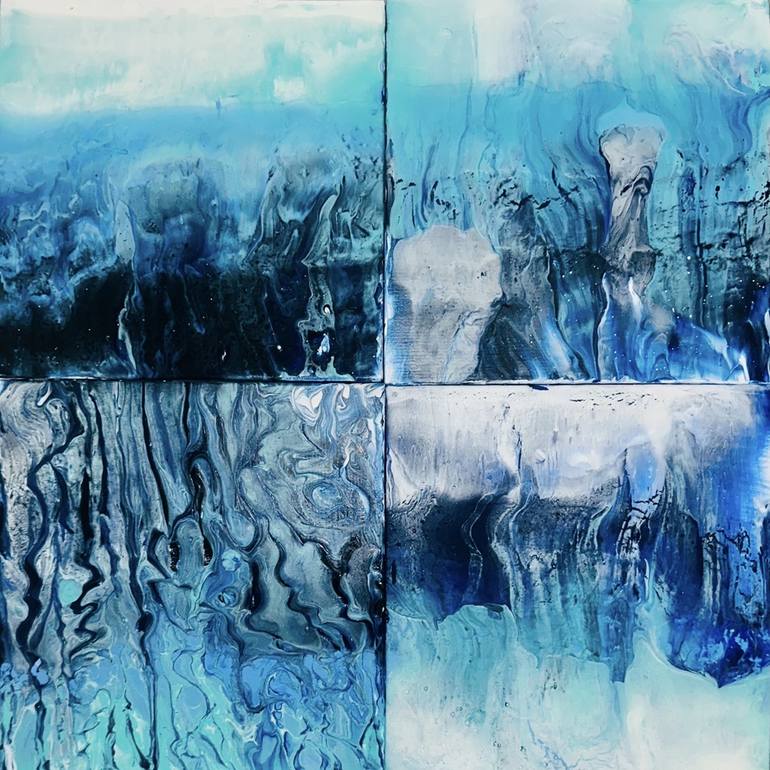 Quadriptych Glacial Drift – Fluid Blue Abstract Quadriptych Painting by Eman ...