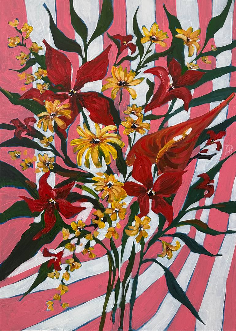 Original Botanic Painting by Darina Komorowski | Art Deco Art on Canvas | Yellow flowers on pink with red accents